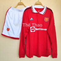 Bộ quần áo MU Manchester United 2022 2023 tay dài Home sân nhà màu đỏ mùa 22 23 dài tay có cổ bẻ logo thêu vải SPF thái 1