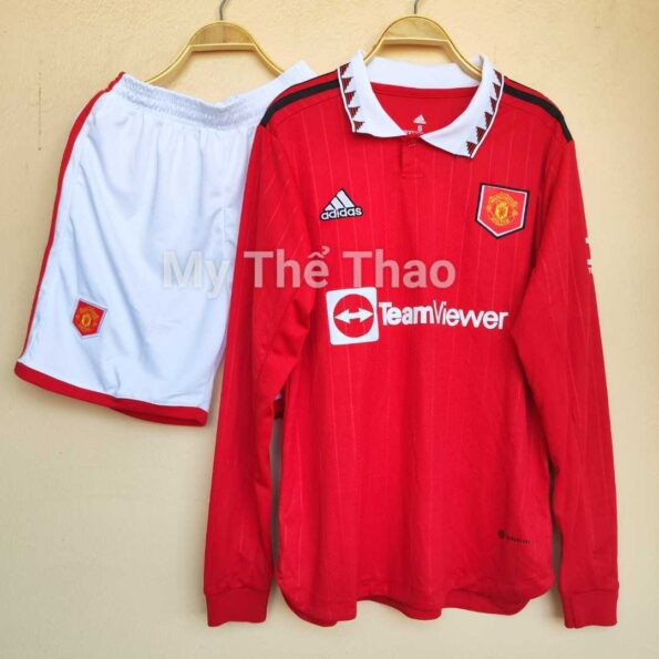 Bộ quần áo MU Manchester United 2022 2023 tay dài Home sân nhà màu đỏ mùa 22 23 dài tay có cổ bẻ logo thêu vải SPF thái 1
