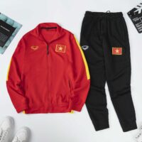 Bộ quần áo khoác ấm nỉ thu đông đội tuyển việt nam màu đỏ quần đen 21-23 logo lá cờ thêu cao cấp chất nỉ đẹp mùa 2021 2023 1