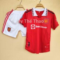 Bộ quần áo đá banh clb bóng đá MU Manchester United 2022 2023 size nhỏ trẻ em có cổ bẻ màu đỏ 1