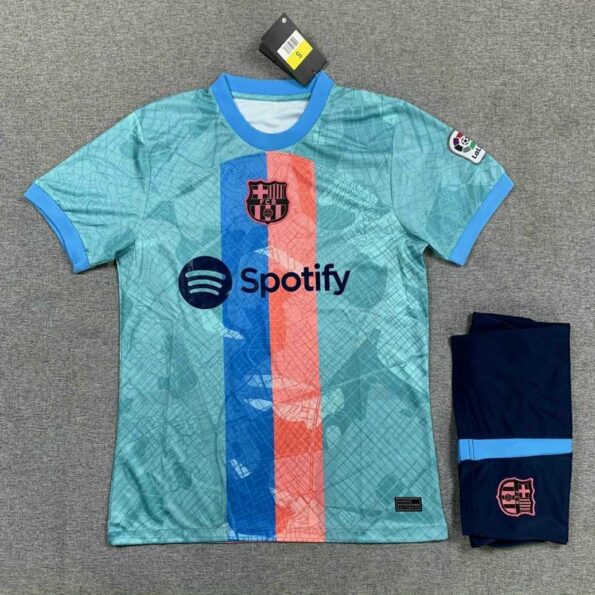 Bộ quần áo đá banh clb bóng đá barca barcelona xanh ngọc loang kẻ đỏ bản spf thái logo thêu 1