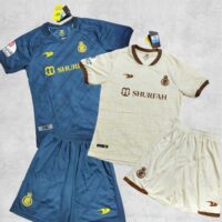 Bộ quần áo đá banh clb bóng đá AL Nassr Shurfah mới Ronaldo sân nhà màu vàng be nhạt xanh than logo vải thái mới 2023