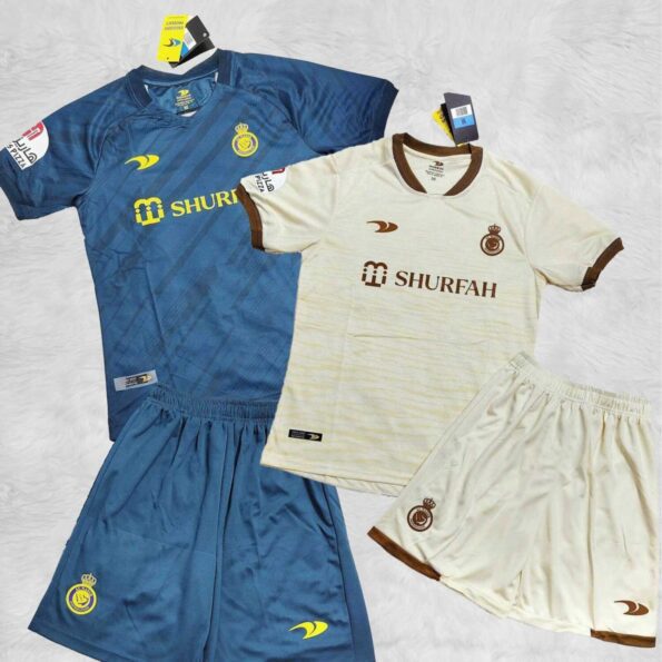 Bộ quần áo đá banh clb bóng đá AL Nassr Shurfah mới Ronaldo sân nhà màu vàng be nhạt xanh than logo vải thái mới 2023