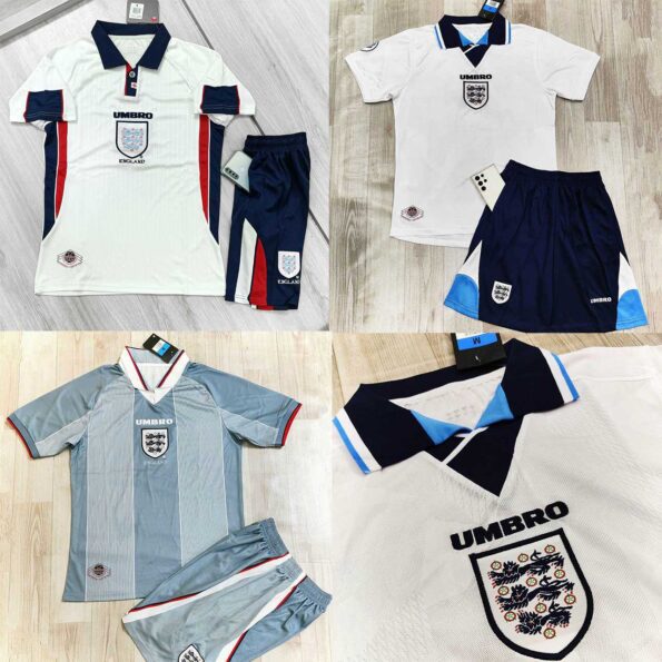 Bộ quần áo đá bóng đội tuyển anh enland umbro kỷ niệm năm 1998 màu trắng đỏ xám xanh quần có túi