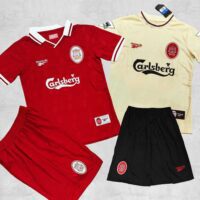 Bộ quần áo thể thao có cổ polo bóng đá Liver Liverpool carlsberg 2008 2010 sân nhà đỏ vàng logo thêu