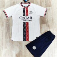 Bộ quần áo bóng đá psg Paris Saint-Germain trắng kẻ đen đỏ in LV logo thêu vải spf thái 1