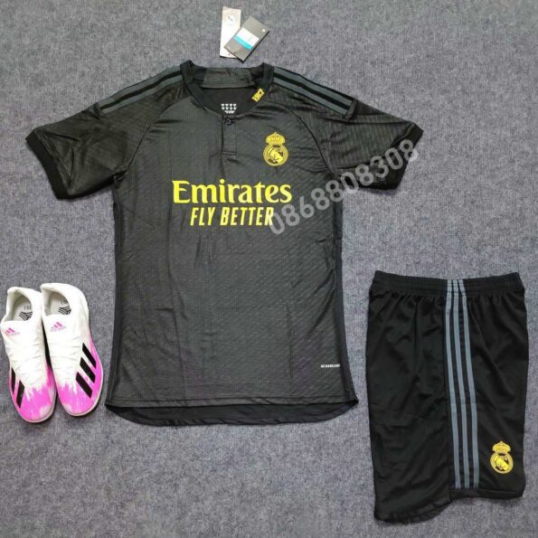 Bộ quần áo đá banh câu lạc bộ bóng đá Real Madrid MFC đen logo thêu mới 23/24 năm 2023 2024 vải thái