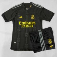 Bộ quần áo Real Madrid 23 24 Youth Third Jersey màu đen chữ vàng cổ tam giác full hàng