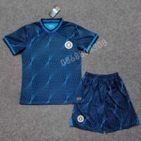 Bộ quần áo bóng đá Chelsea 23 24 away sân khách xanh tím than hoạ tiết kẻ chỉ hình thoi full logo nike năm 2023 2024