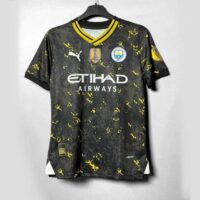 Bộ quần áo bóng đá MC Manchester Man City 23 24 Fifa đen loang vàng logo thêu vải mè caro 1