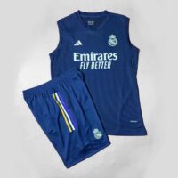 Bộ quần áo bóng đá Real Madrid xanh tím than ba lỗ không tay vải gai thái mịn quần mè mịn trước
