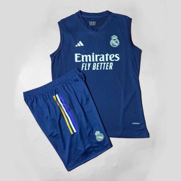 Bộ quần áo bóng đá Real Madrid xanh tím than ba lỗ không tay vải gai thái mịn quần mè mịn