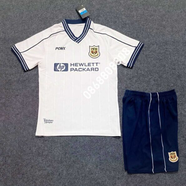Bộ quần áo đá banh câu lạc bộ bóng đá Tottenham Hotspur audere est facere 1997-1999 trắng Sony Hewlett Packard trắng xanh