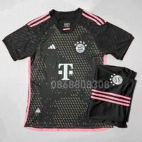 Bộ quần áo đá banh clb bóng đá Bayern Munich 23 24 sân khách màu đen 2023 2024 logo thêu vải mè thoi 3 sọc hồng full đen