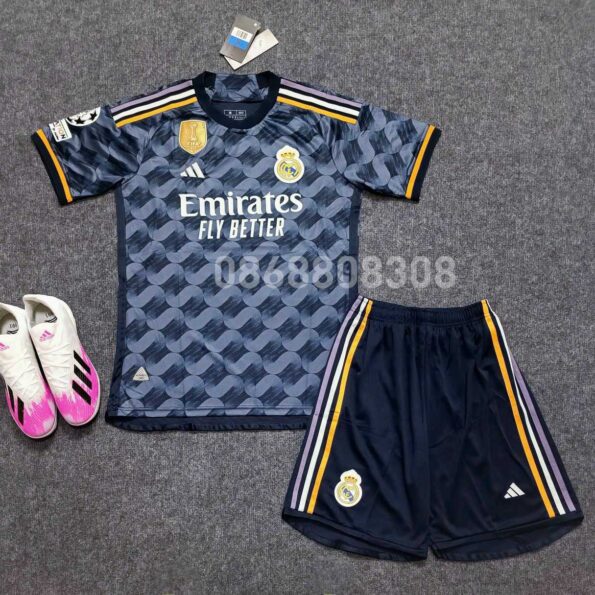 Bộ quần áo đá banh clb bóng đá Real Madrid 23/24 Away Jersey sân khách đen tím than bản super fake full logo năm 2023 2024