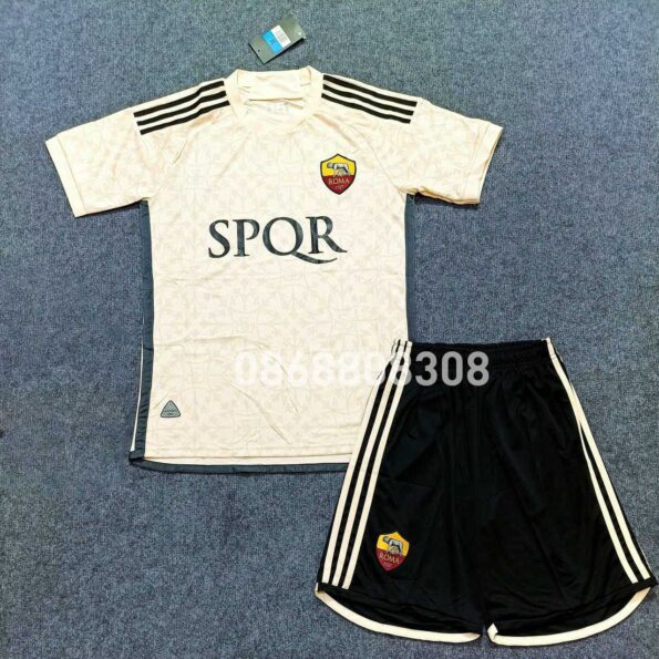 Áo bóng đá AS Roma SPQR 23/24 Away Jersey Vàng Be Kem sân khách năm 2023 2024 logo đầu cáo thêu vải mè Caro thái size EU