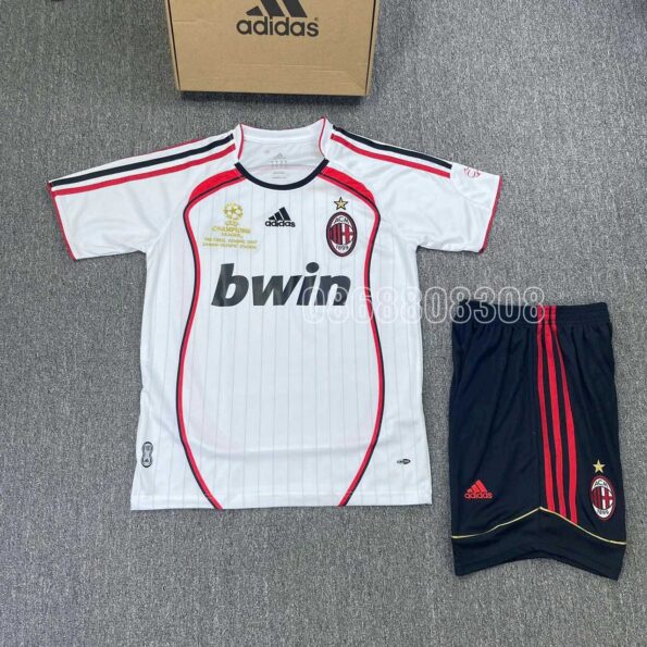 Bộ quần áo bóng đá ACM AC Milan Bwin Away 06/07 trắng full logo thêu viền đỏ lo mới vải chuẩn spf thái năm 2006 2007