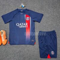 Bộ quần áo bóng đá PSG Paris Saint-Germain 23 24 Xanh Than sân nhà logo thêu năm 2023 2024 mới vải SPF kẻ đỏ ngực 1