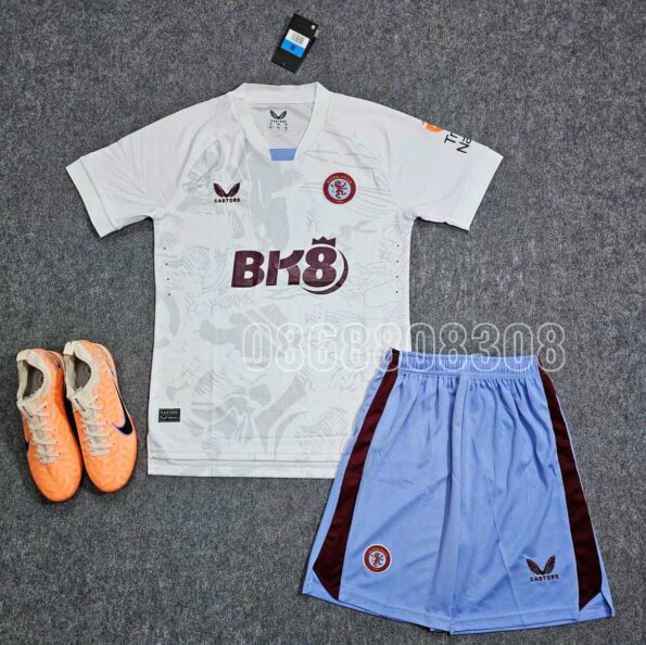 Bộ quần áo đá banh clb bóng đá Aston Villa Bk8 23/24 Third trắng xám mẫu sân thứ 3 full logo thêu mới năm 2023 2024