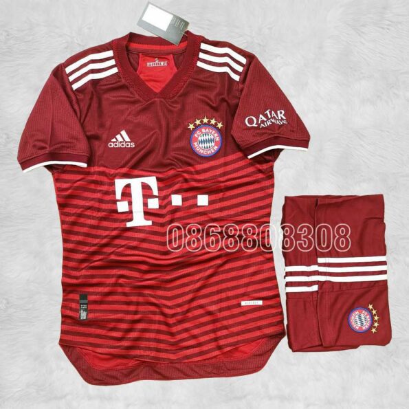 Bộ quần áo đá banh clb bóng đá Bayern Munich 21/22 sân nhà màu đỏ 2021 2022 logo thêu vải mè lỗ gai mịn thái