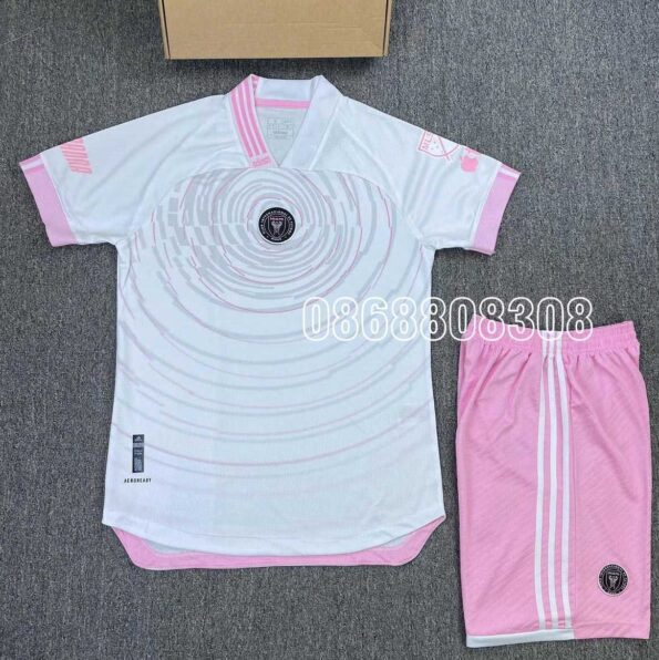 Bộ quần áo đá banh clb bóng đá MIAMI trắng hồng hoạ tiết xoáy 23/24 quần hồng logo thêu adidas