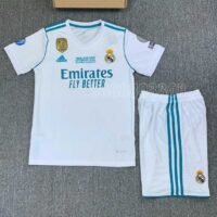 Bộ quần áo đá banh clb bóng đá Real Madrid 17-18 sân nhà trắng xanh FINAL KYIV năm 2017 2018 MSC Emirates FLY BETTER mặt trước