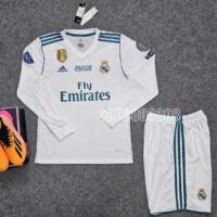 Áo bóng đá Real Madrid 17 18 sân nhà trắng xanh FINAL KYIV năm 2017 2018 MSC Emirates FLY BETTER dài tay full logo thêu mặt trước