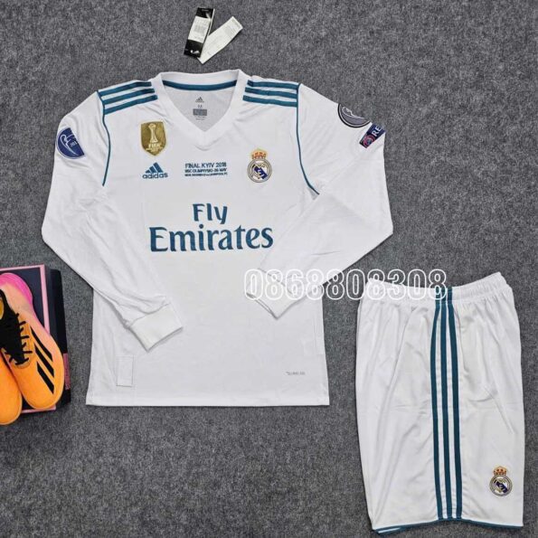 Áo bóng đá Real Madrid 17/18 sân nhà trắng xanh FINAL KYIV năm 2017 2018 MSC Emirates FLY BETTER dài tay full logo thêu