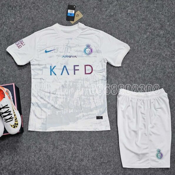 Bộ quần áo AL Nassr KAFD 23/24 Third Kit mẫu sân thứ 3 năm 2023 2024 màu trắng full logo vải thái mịn cổ tròn