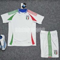 Bộ quần áo đá bóng đội tuyển ý Italia full trắng đỏ xanh 2024 cổ xanh vải thái mịn logo thêu mặt trước