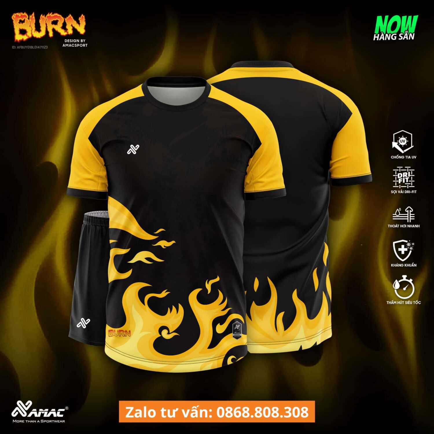 Bộ quần áo bóng đá thiết kế Burn Amac hoạ tiết lửa cháy nhiều màu