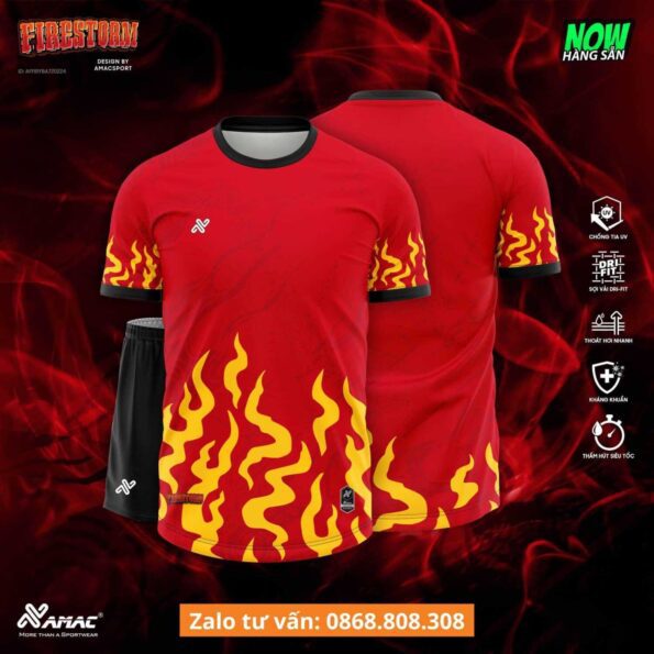 Bộ quần áo bóng đá thiết kế Firestorm Amac hoạ tiết khói lửa nhiều màu