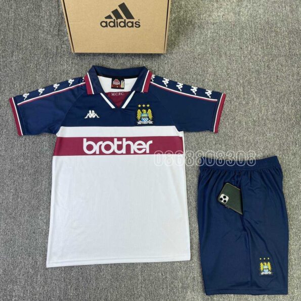 Bộ quần áo bóng đá M.C.F.C Manchester Man City 1997 1998 sân khách Brother Kappa trắng xanh than