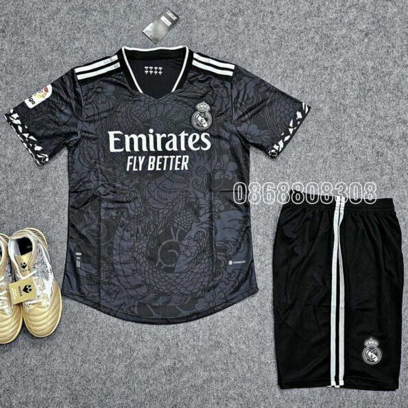 Bộ quần áo đá banh clb bóng đá Real Madrid MFC in hình rồng màu đen vải fex thái logo thêu