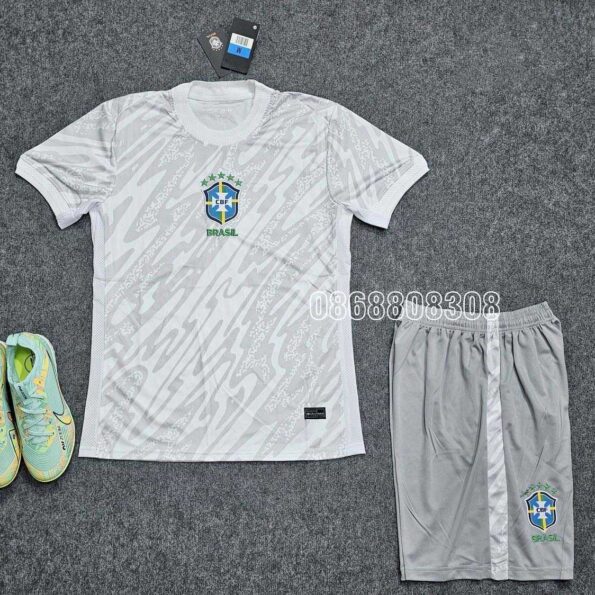 Bộ quần áo đá banh đội tuyển bóng đá Euro Brasil 2024 5 sao trắng xám vải spf thái mịn logo thêu mới