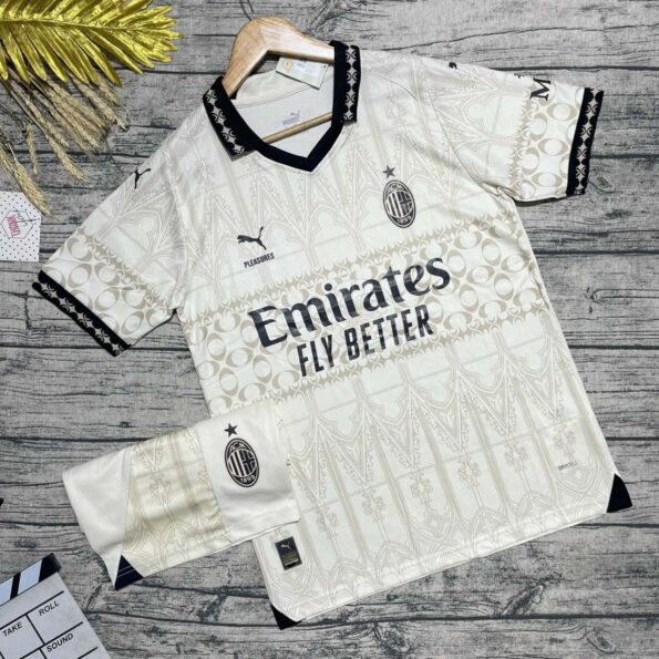 Bộ quần áo bóng đá ACM AC Milan 2024 Fourth mẫu thứ 4 màu vàng be bản Pleasures full logo