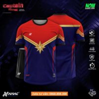 Bộ quần áo bóng đá thiết kế Captain Marvel Amac hoạ tiết trang phục anh hùng marvel xanh đỏ