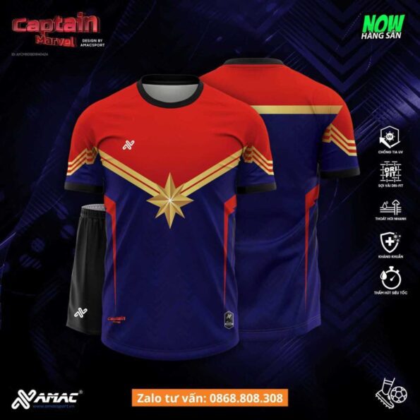 Bộ quần áo bóng đá thiết kế Captain Marvel Amac hoạ tiết trang phục anh hùng marvel