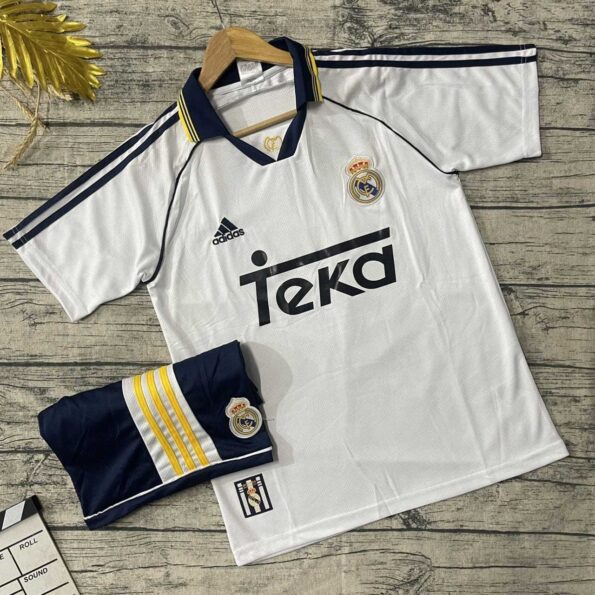 Áo bóng đá cổ điển retro real madrid teka 1999 màu quần đen vải spf thái logo thêu