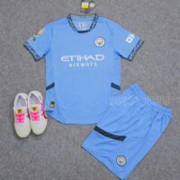 Áo đá bóng MC Manchester Man City 24 25 xanh sân nhà mùa 2024 2025 vải fex thái gai caro mặt trước