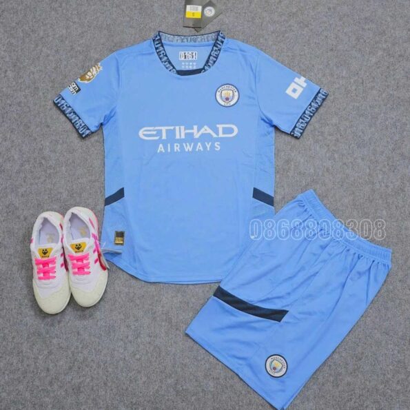 Áo đá bóng MC Manchester Man City 24/25 xanh sân nhà mùa 2024 2025 vải fex thái gai caro