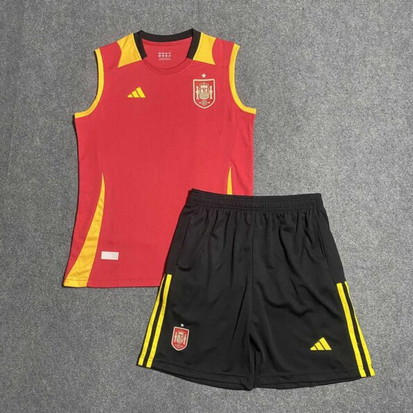 Bộ quần áo đá bóng Tây Ban Nha euro 2024 đỏ sát nách không tay kiểu 3 lỗ logo thêu màu vàng đỏ