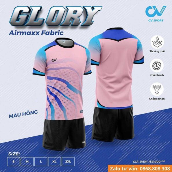 Bộ quần áo bóng đá thiết kế cv sport glory vải mè thoáng mát nhiều màu hồng xanh