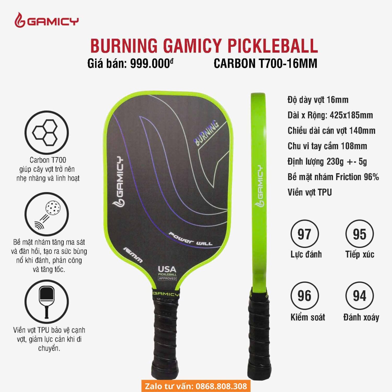 Vợt pickleball burning gamicy chính hãng kaiwin đen viền xanh lá 1