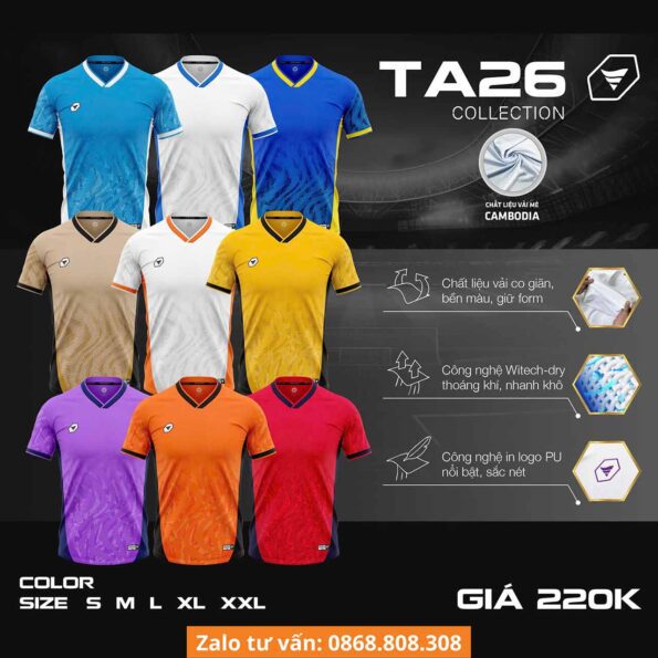 Bộ quần áo bóng đá TA Sport TA26 chính hãng vải mè Cambodia nhiều màu