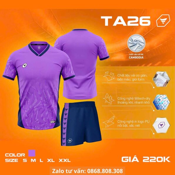 Bộ quần áo bóng đá TA Sport TA26 chính hãng vải mè Cambodia nhiều màu tím