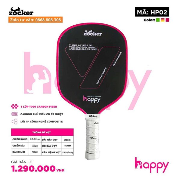 Vợt Pickleball Zocker Happy HP02 Super Quality Pink pink hồng