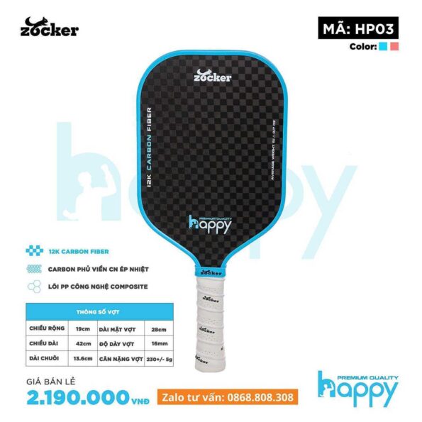 Vợt Pickleball Zocker Happy HP3 Premium Quality Pink Blue viền 2 màu xanh hồng