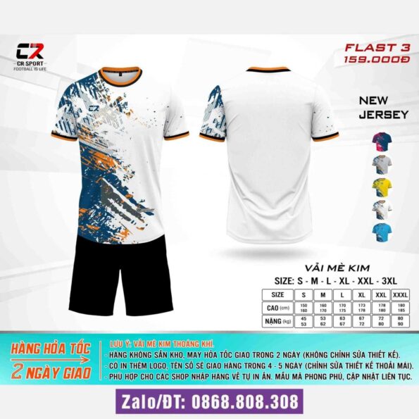 Bộ quần áo bóng đá CR FLAST 3 chính hãng Cr Sport cổ tròn nhiều màu trắng xanh quần đen