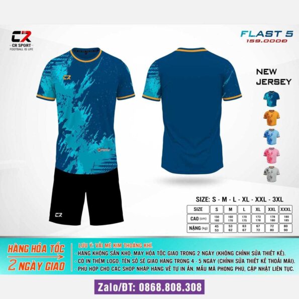 Bộ quần áo bóng đá CR FLAST 5 chính hãng Cr Sport cổ tròn nhiều màu xanh biển quần đen